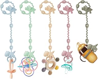 PandaEar Silicone Toy Straps for Baby- 5 Pack Dinosaur Baby Toy Holder | Adjustable Pacifier Teether Harness - Silicone Pacifier Straps for Bottles, Strollers, High Chairs, Cribs