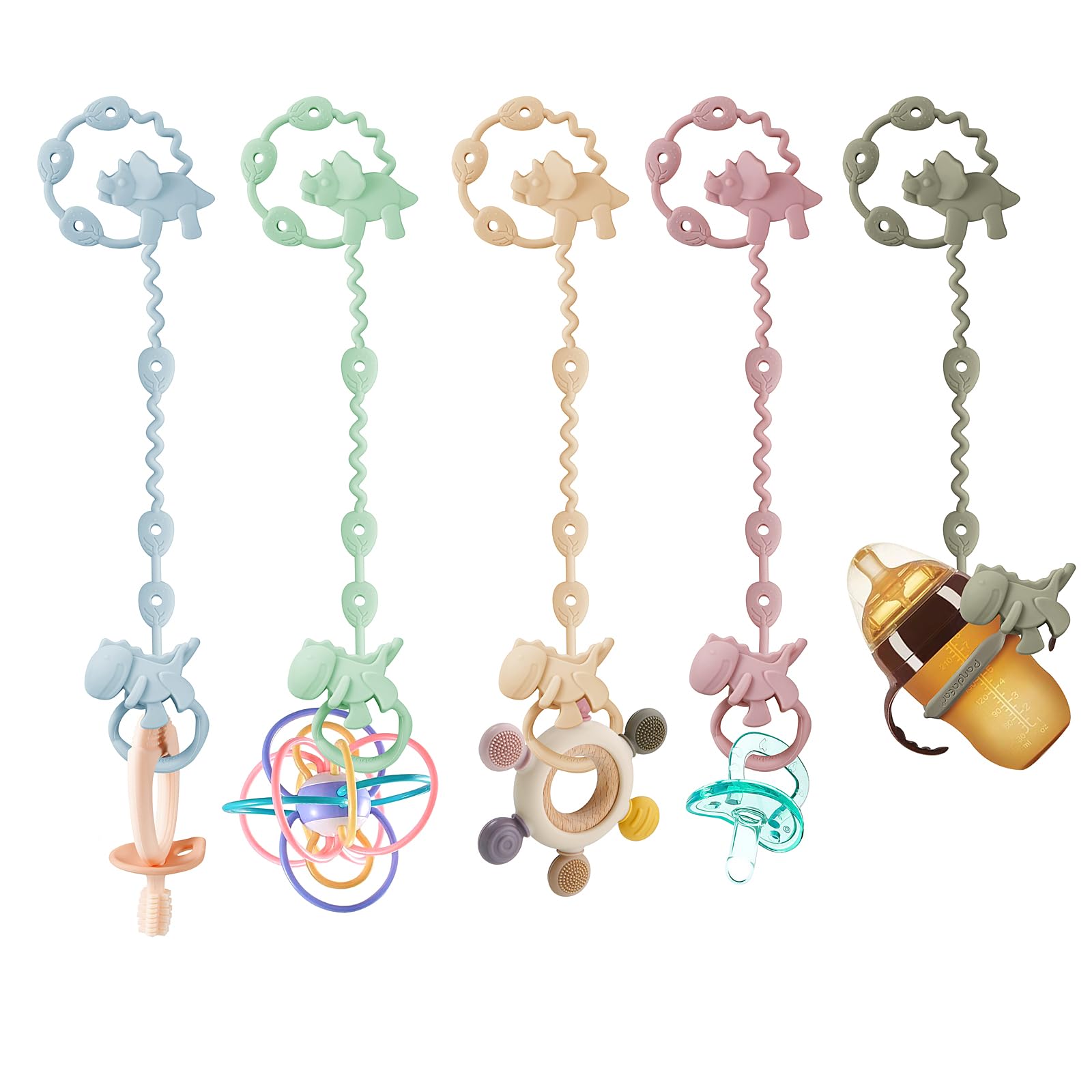 PandaEar Silicone Toy Straps for Baby- 5 Pack Dinosaur Baby Toy Holder | Adjusta