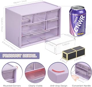 Desk Organizer with 6 Mini Drawers Stackable Clear Makeup Jewelry Office Craft Organizer (Purple)