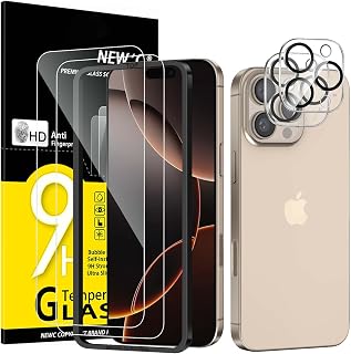 NEW'C 2 Pack for iPhone 16 Pro Max Screen Protector (6.9 inches) + 2 Pack Camera Lens Protector, Sensor Protection, Case Friendly Tempered Glass Film - Easy installation tool included