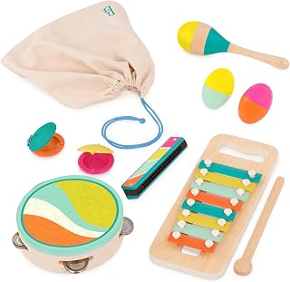 B. toys Wooden Musical Instruments, Make a Melody, 9-Piece Set, Interactive | Includes xylophone, tambourine, harmonica, maraca, 2 castanets, 2 egg shakers, and drawstring bag, Musical, 2+ Years