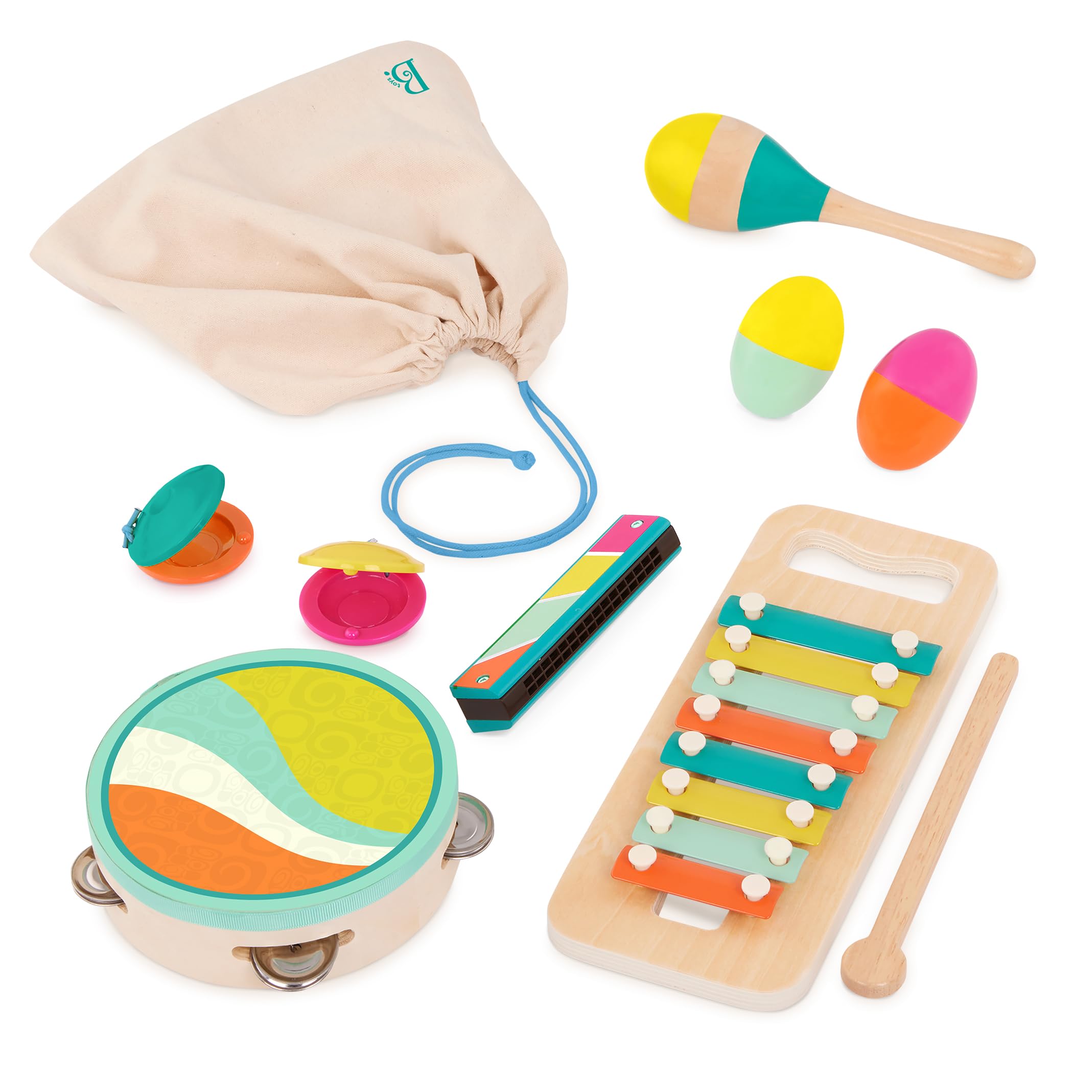 B. toys Wooden Musical Instruments, Make a Melody, 9-Piece Set, Interactive | In