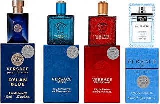 Versace 4 Piece Mini Gift Set for Men | Eau Fraiche &amp; Eros Flame, Travel Size Fragrance Sampler, EDT &amp; EDP Splash Bottles, Designer Perfume Collection for Him