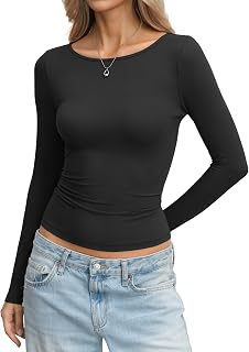 Eachyes Womens Boat Neck Long Sleeve Shirts Slim Fitted Tops Casual Basic Tees Spring Fall Fashion Outfits Clothes