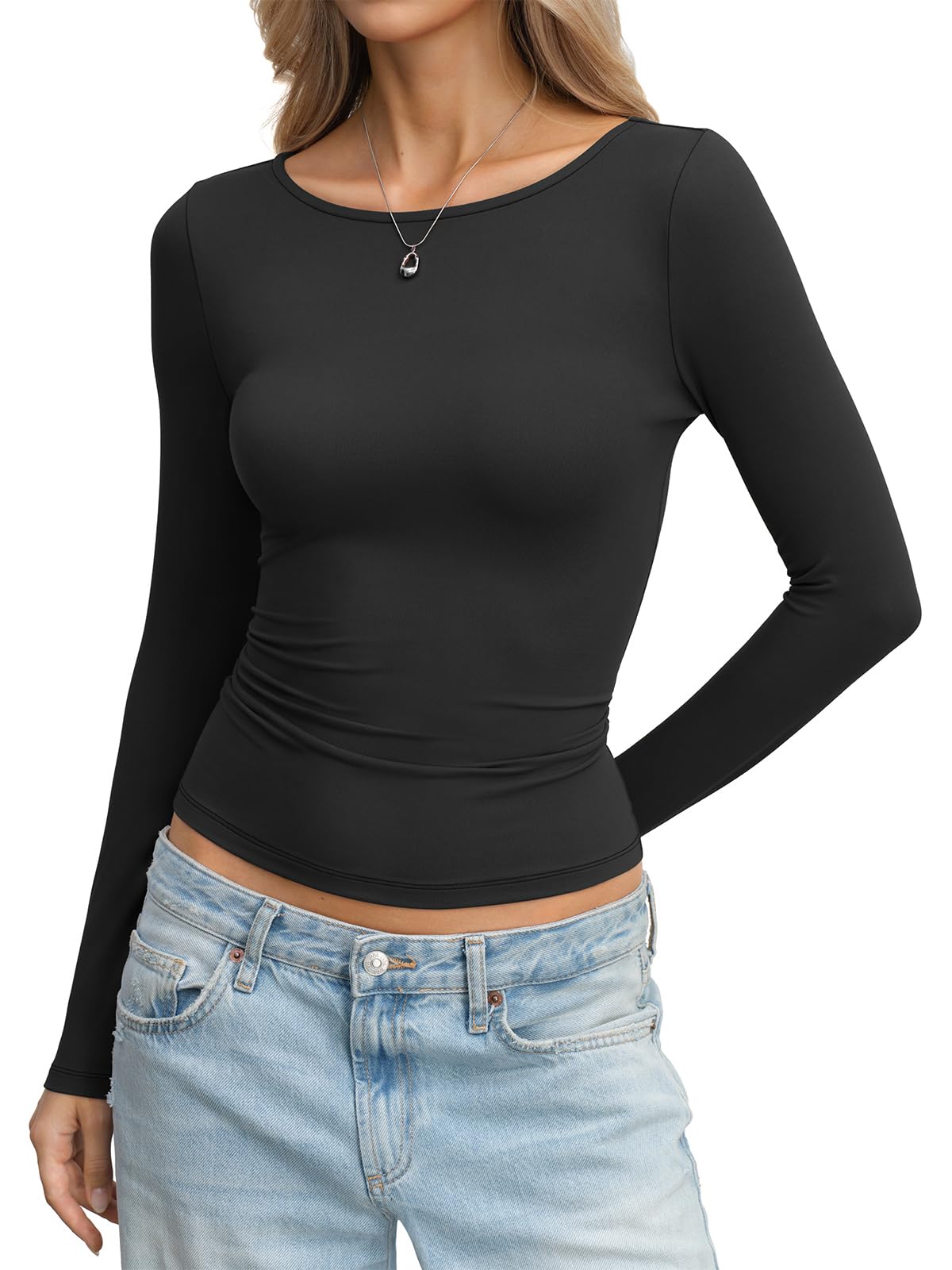 Eachyes Womens Boat Neck Long Sleeve Shirts Slim Fitted Tops Casual Basic Tees S