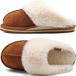 KuaiLu Women's Furry Winter Slippers Closed Leather Slippers House Warm