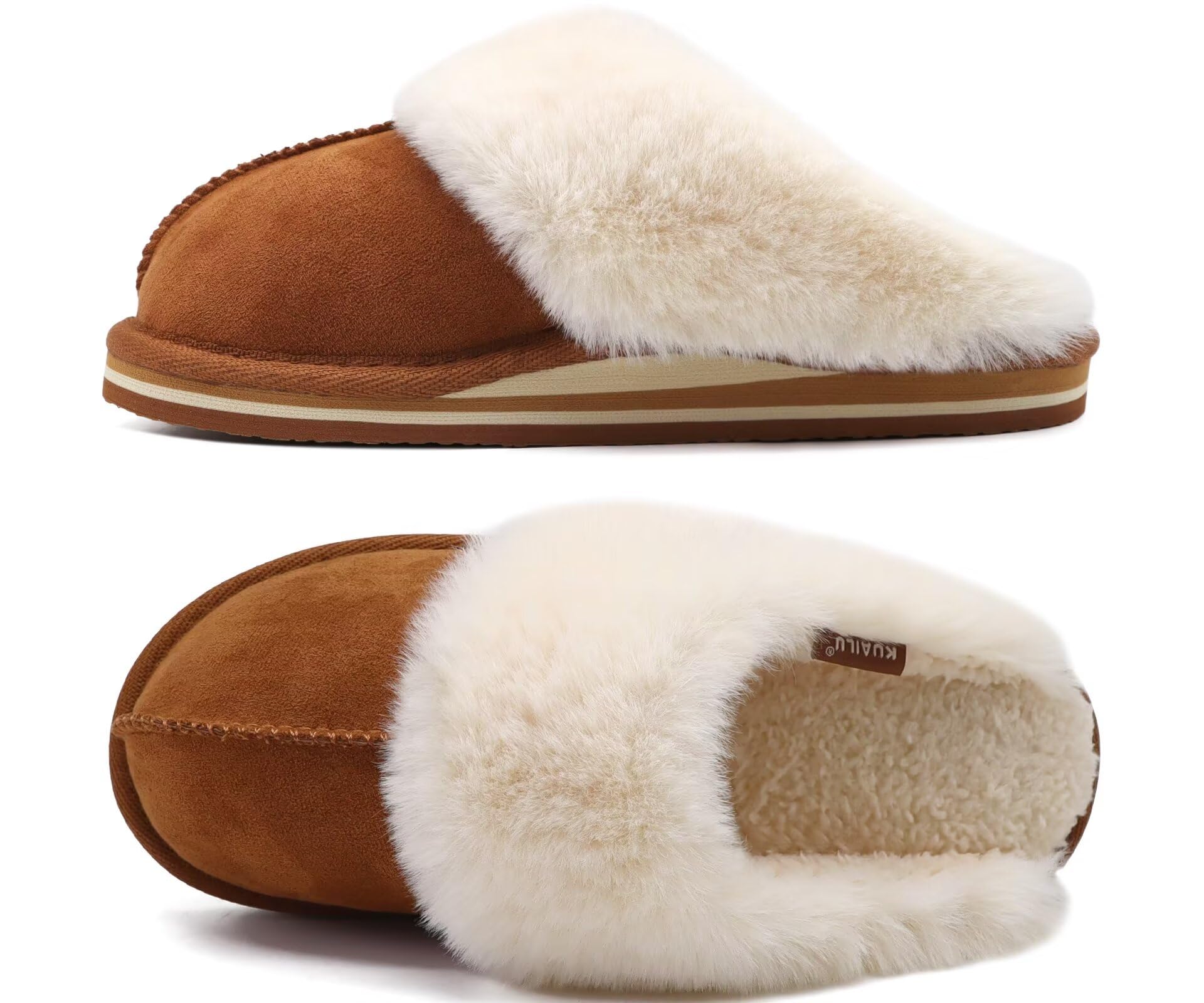 KuaiLu Women's Furry Winter Slippers Closed Leather Slippers House Warm