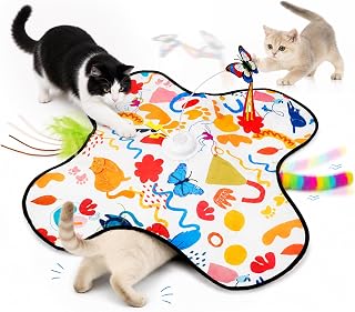 3-in-1 Upgraded Interactive Cat Toys for Indoor Cats, Hide and Seek Kitten Toy with Flying Butterfly & Feather Wands, 3 Play Modes, 5 Realistic Sounds, USB Rechargeable, for Kittens Adult Cats