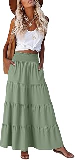 ANRABESS Womens Maxi Skirts, Elastic High Waist A-Line Tiered, Long Flowy Boho Skirts, Summer Casual Beach & Vacation Wear