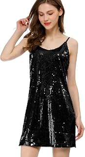 Allegra K Women's Sequin Dress Sleeveless V-Neck Party Spaghetti Strap Dress Glitter Metallic Mini Dress