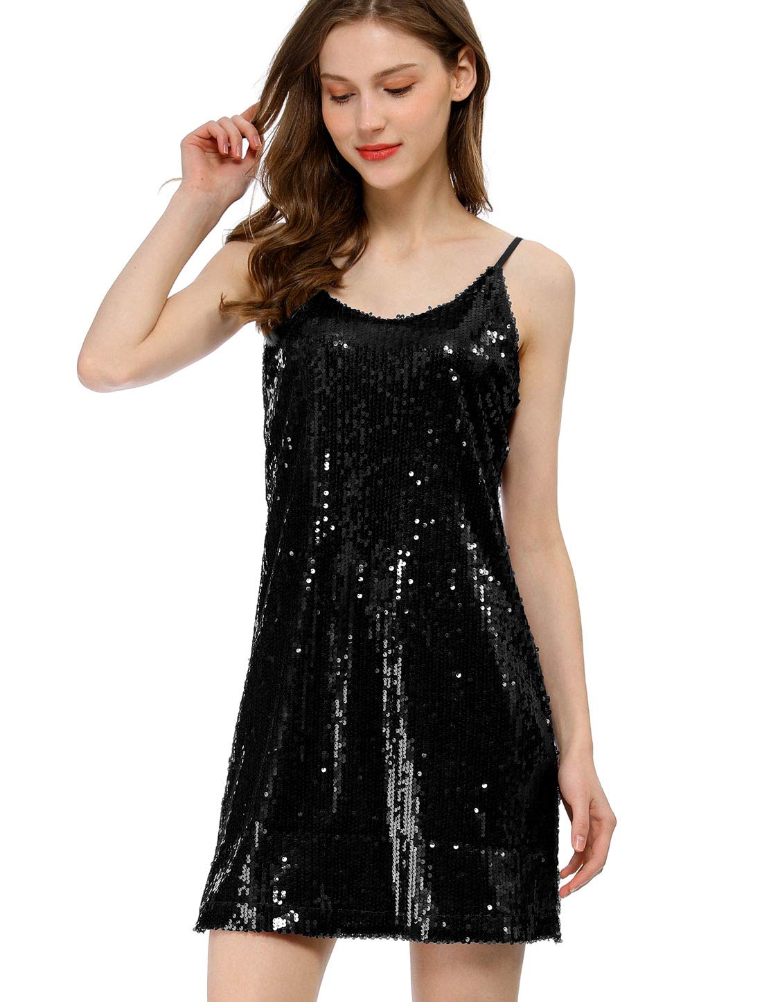 Allegra K Women's Sequin Dress Sleeveless V-Neck Party Spaghetti Strap Dress Gli