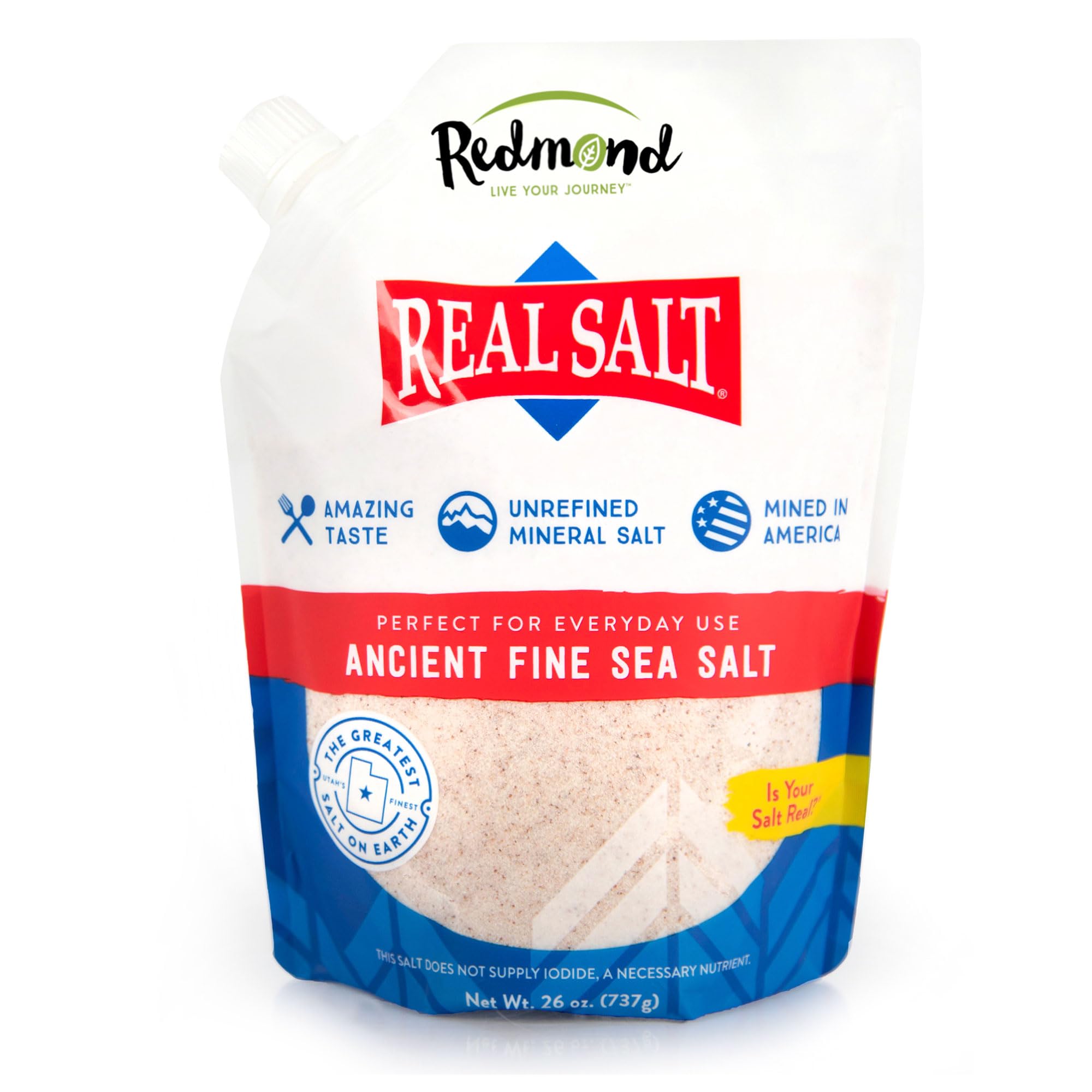 Redmond Real Salt - Sea Salt, Natural Unrefined Fine, 26 Oz Pouch (1 Pack) | Nat