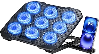 TECKNET Laptop Cooling Pad with 9 USB Fans, Laptop Cooler for 12"-17.3" Notebook & Gaming Laptops, 5-Level Adjustable Height & Wind Speed, Dual USB Port, LED Light & Phone Holder