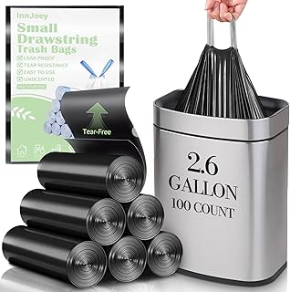 100 Count Small Drawstring Trash Bags for 2.6-Gallon (10 L) Trash Cans, Thick Pre-separated Garbage Bags,Mini Wastebasket can Liners for Bathroom Bedroom Office(Black)
