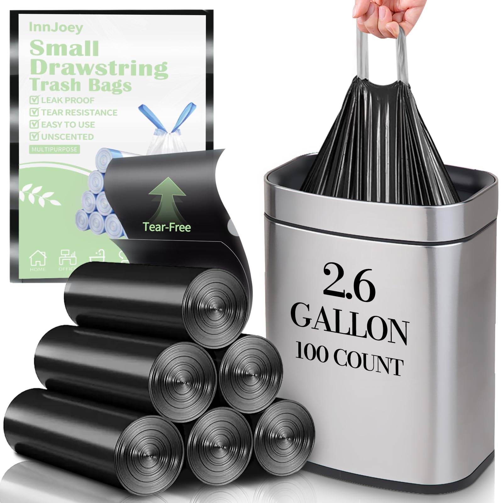 100 Count Small Drawstring Trash Bags for 2.6-Gallon (10 L) Trash Cans, Thick Pr