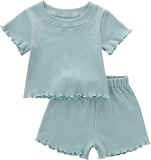 幼児 赤ちゃん 女の子 夏服 リブ編み ニット コットン キュート 夏 衣装 半袖 2ピース ショーツ セット 12M - 5T