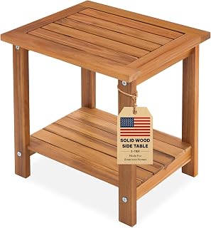 Acacia Wood Adirondack Side Table, 2-Tier Outdoor End Table - Honey Oak | Waterproof Small Table, Storage Shelf, Chairside End Table for Balcony, Poolside, Garden, Backyard, Patio, Porch, Courtyard