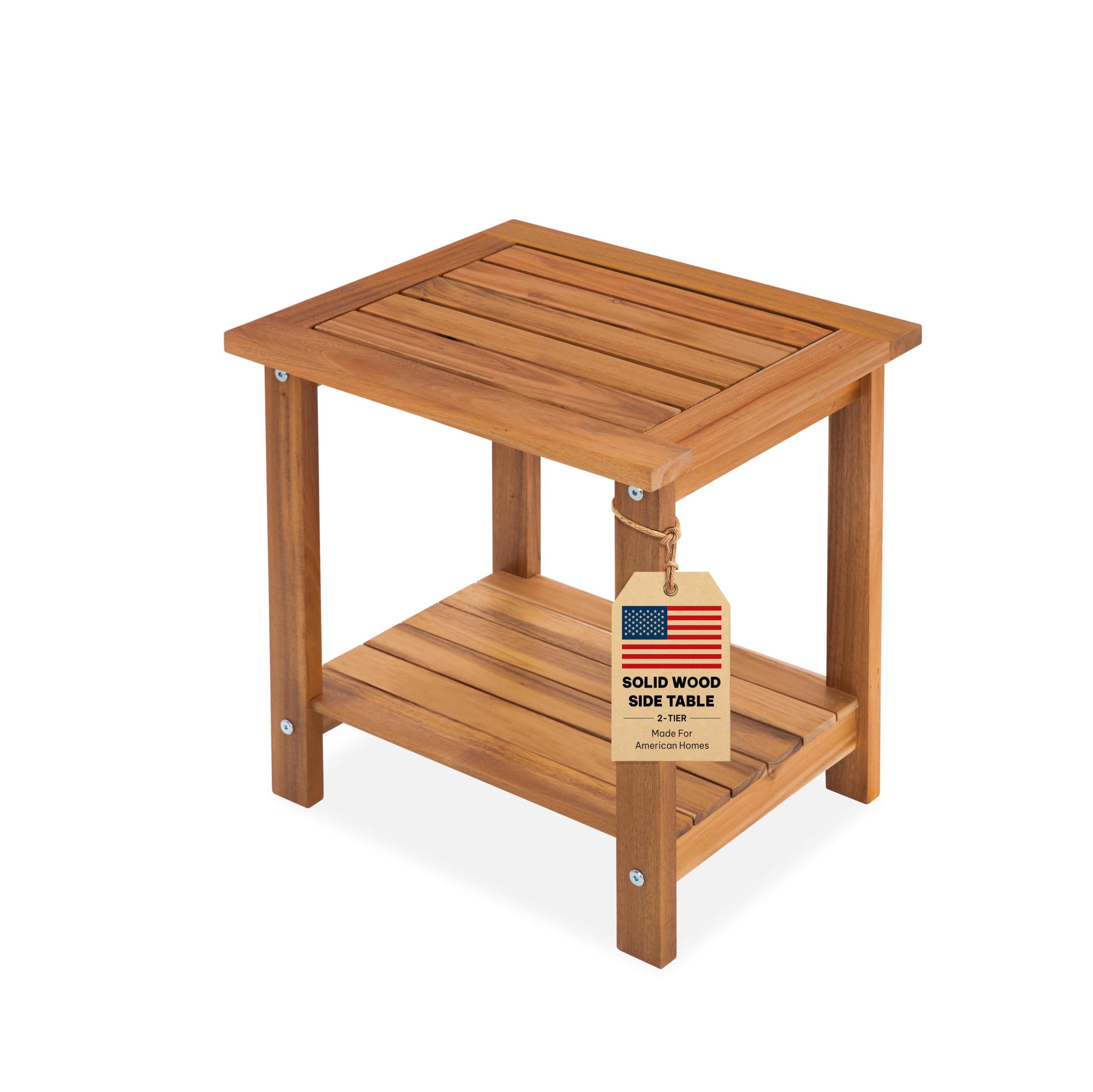 Acacia Wood Adirondack Side Table, 2-Tier Outdoor End Table - Honey Oak | Waterp
