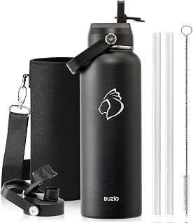BUZIO 40 oz Insulated Water Bottle Stainless Steel with Straw & Spout Lids