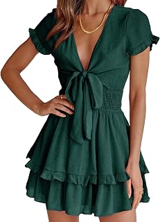 PRETTYGARDEN Women's 2023 Summer Swing Mini Dress Tie Front V Neck Short Sleeve Ruffle Layer A-line Short Dress