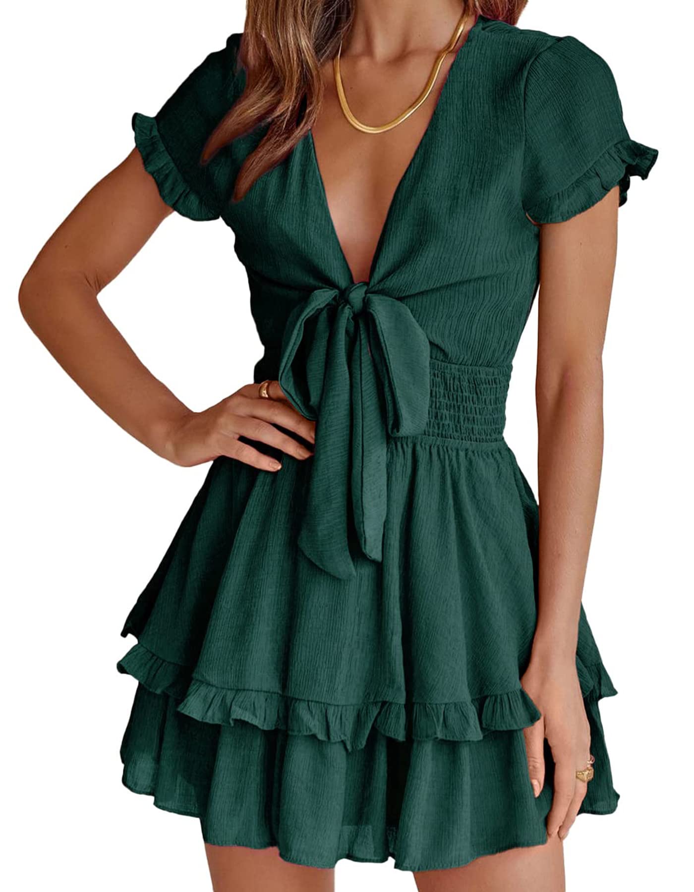 PRETTYGARDEN Women's 2023 Summer Swing Mini Dress Tie Front V Neck Short Sleeve 