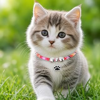 Adjustable Colorful Kitten Collar with Bell Paw Charm Lightweight Decorative Pet Collar (Red)