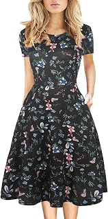 Women's Summer Dress Elegant Floral Print Vintage Office Business Casual Work A Line Swing Party Dress with Pockets DJ162-5