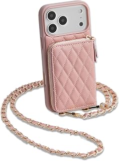 LAMEEKU for iPhone 17 Pro Case Wallet with Card Holder, Wrist Strap Crossbody Phone Cover for Women 6.3" Pink