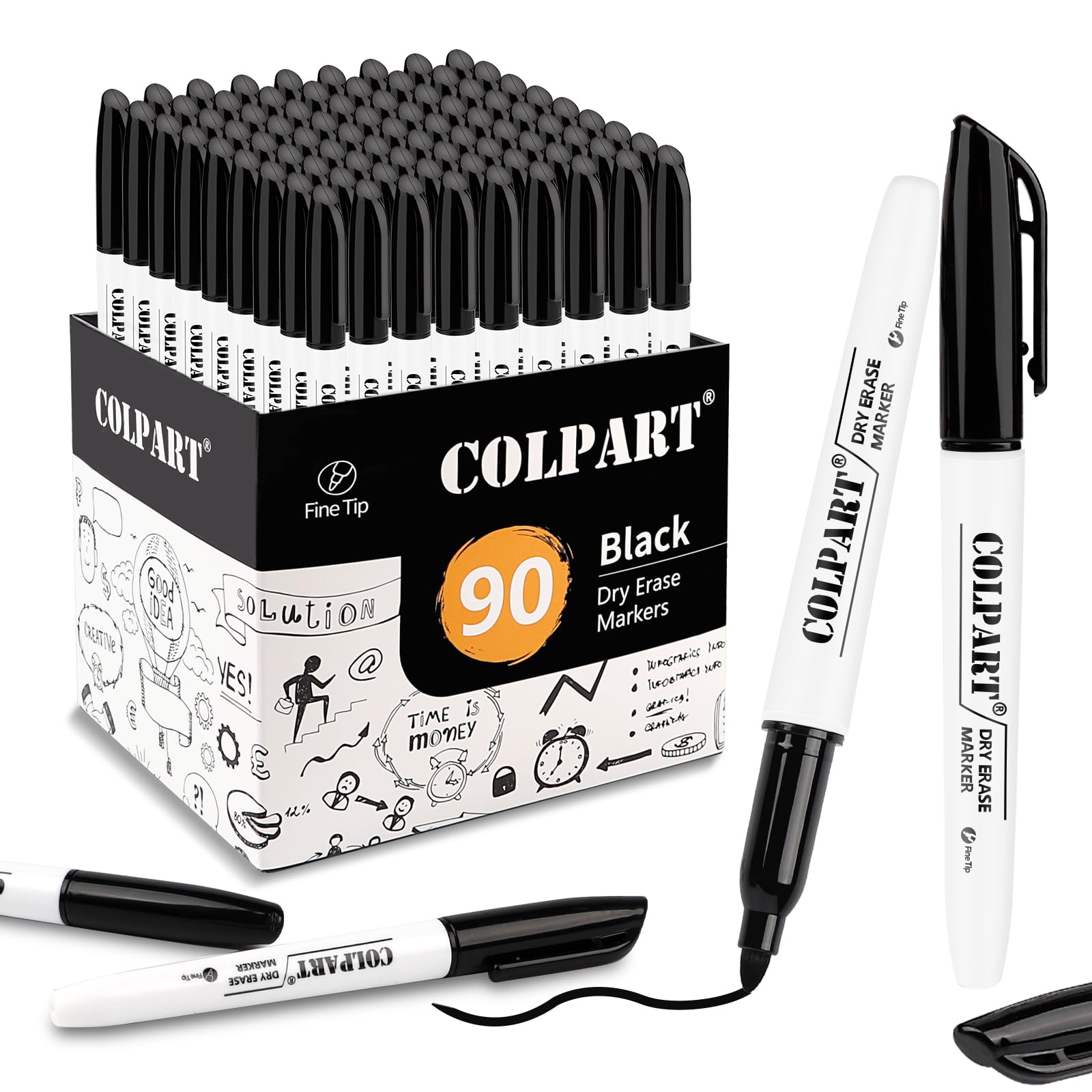 colpart Dry Erase Markers Fine Tip - Pack Of 90 Black Whiteboard Markers Bulk Wi