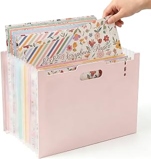 12x12 Scrapbook Paper Storage Organizer with 13 Expandable Pocket, Pink | Large Capacity Desktop Craft Organizers and Storage for Scrapbook Essentials, Photos, Washi Tape, Stickers &amp; Journal Supplies