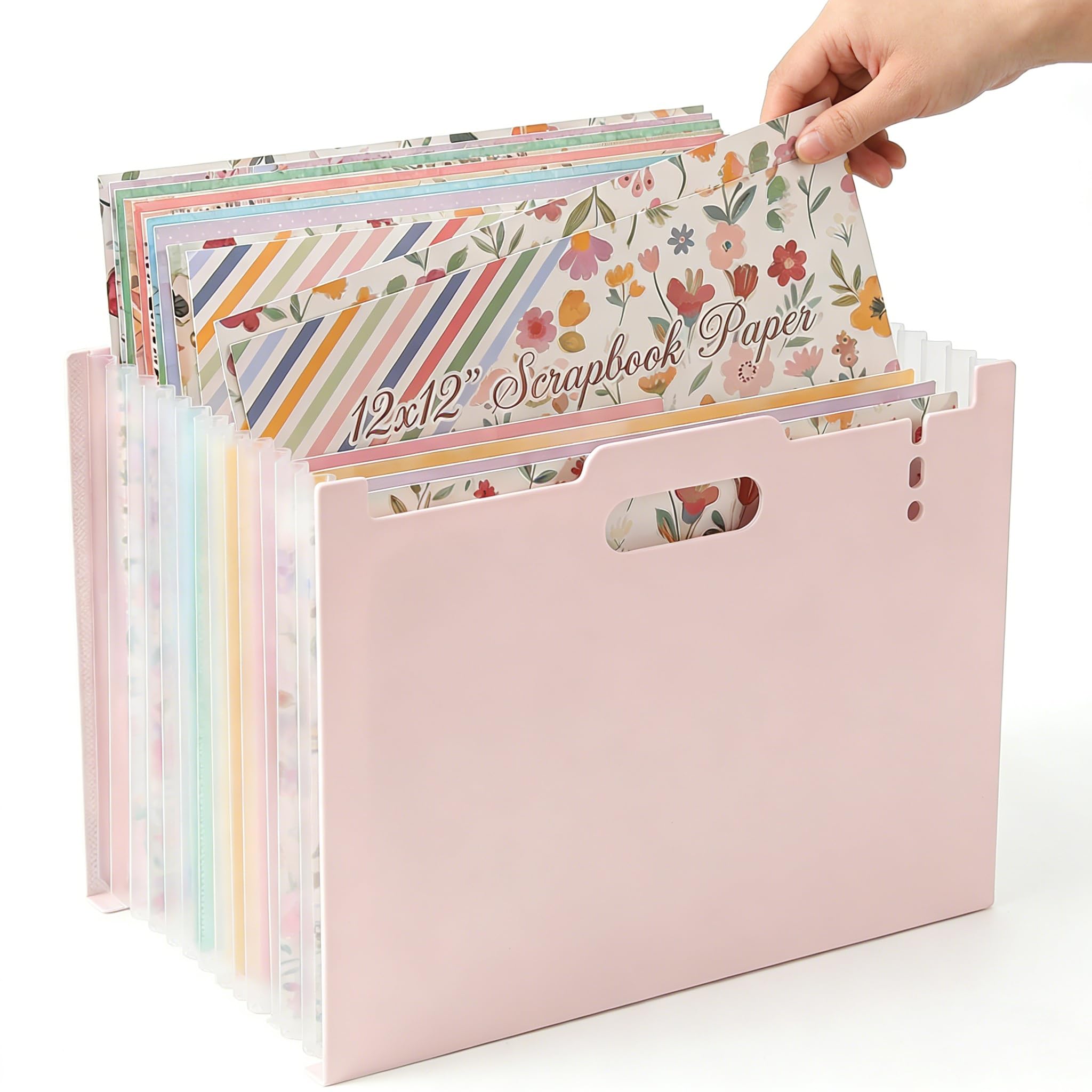 12x12 Scrapbook Paper Storage Organizer with 13 Expandable Pocket, Pink | Large 