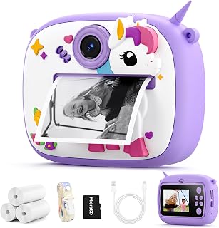 Kids Camera,Instant Camera for Kids Age 3-8,Kids Digital Camera with 1080P Video,Selfie,Fun Filters,32GB Card & Paper Rolls,Printing Camera Gift Toy for Boys Girls (Unicorn Purple)