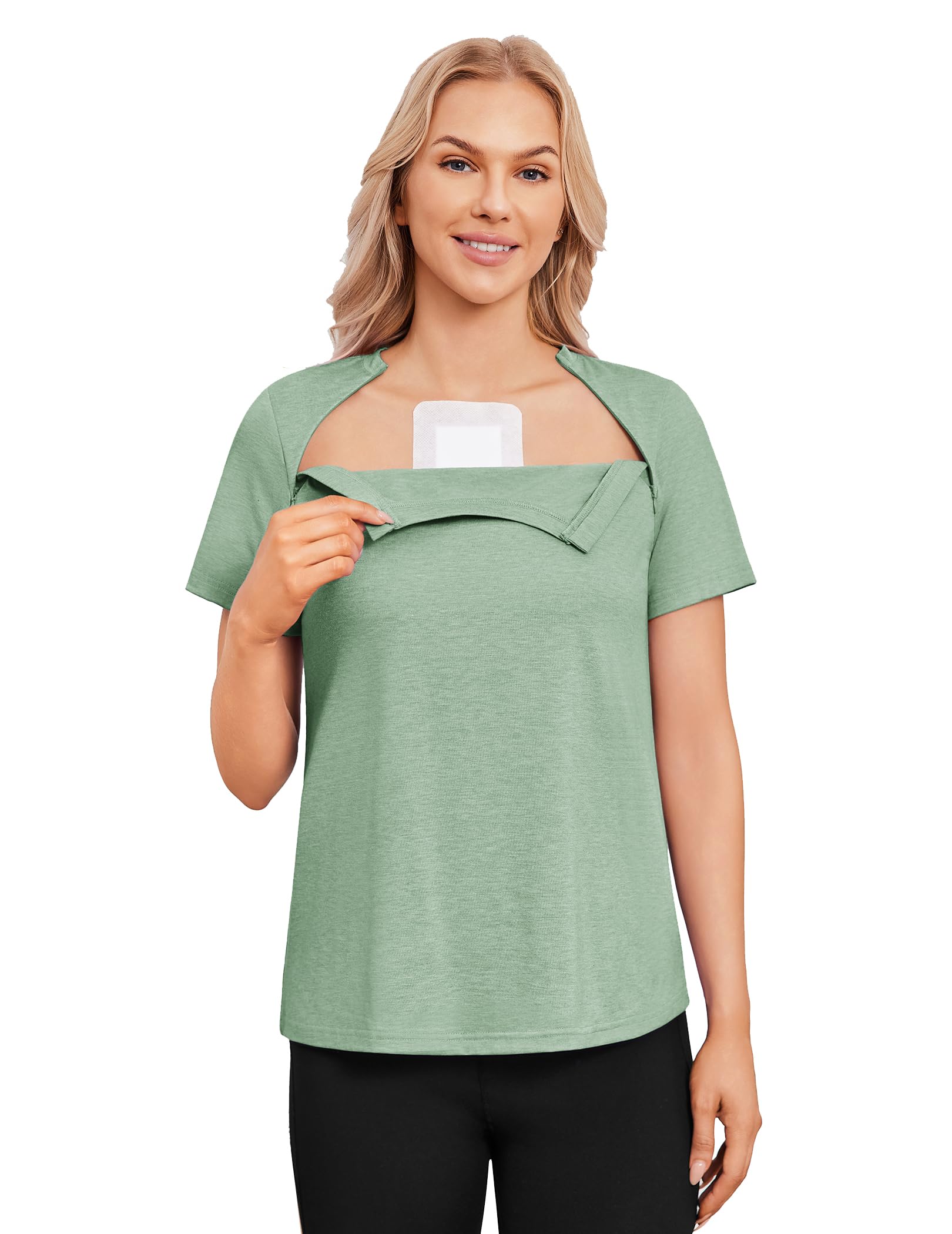 Deyeek Chemo Shirts for Women with 2 Side Dialysis Port Access Zippers Short Sle