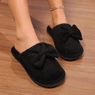 Womens Bow House Slippers Corduroy Fleece Lined Comfy Indoor Slippers