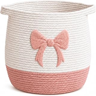 Pink Bow Baby Laundry Basket, Cotton Rope Nursery Hamper with Handles | Cute baby girl storage organizer for clothes, toys, blankets and nursery essentials in bedrooms, playrooms and kids rooms.