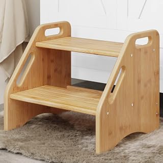 AMBIRD Wooden Stool Two Stage Stool 136kg Capacity with Safe Non-Slip Pads and Handles, Bamboo Bathroom Stool Double Height Kitchen Stool for Kids
