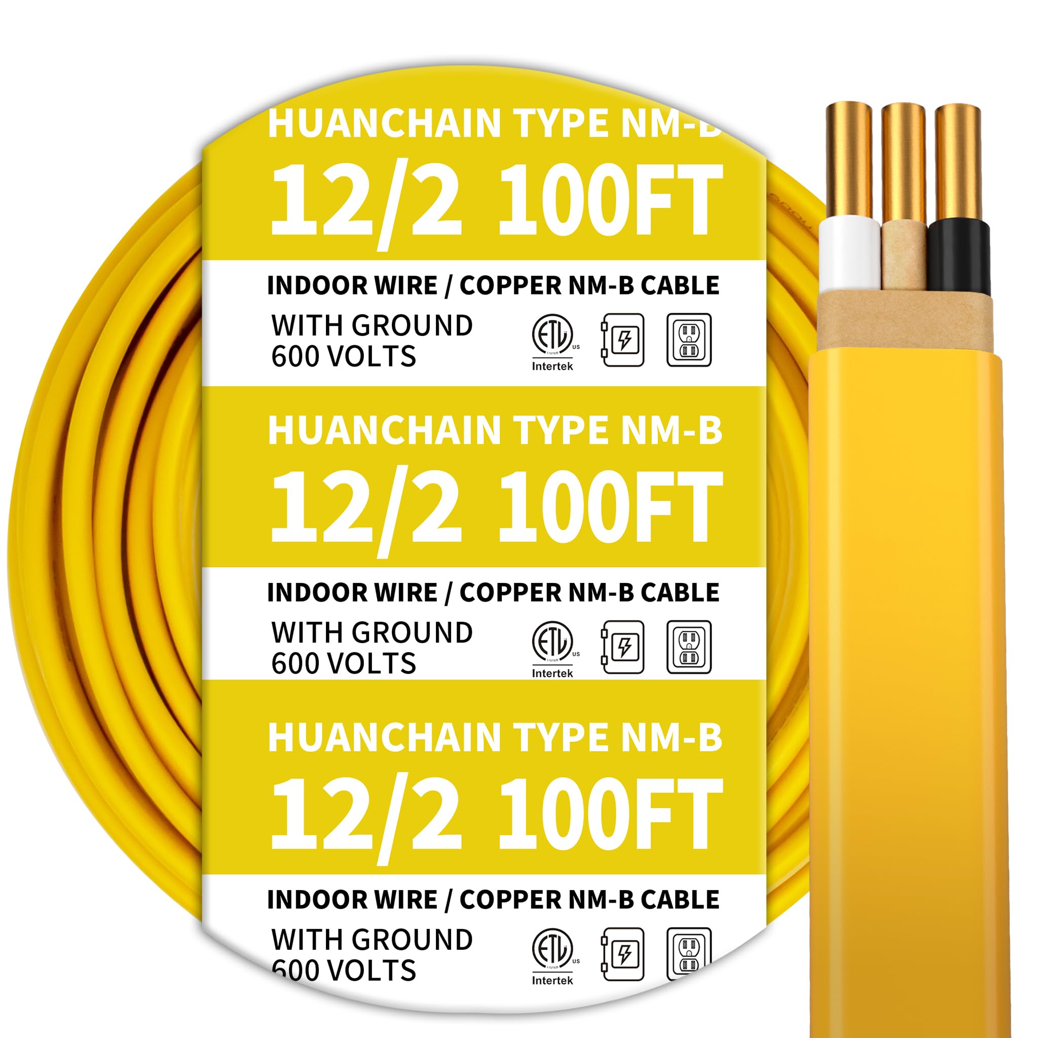 HUANCHAIN Indoor 12/2 W/G NMB Wire Yellow 100FT Non-Metallic Sheathed Cable | 10