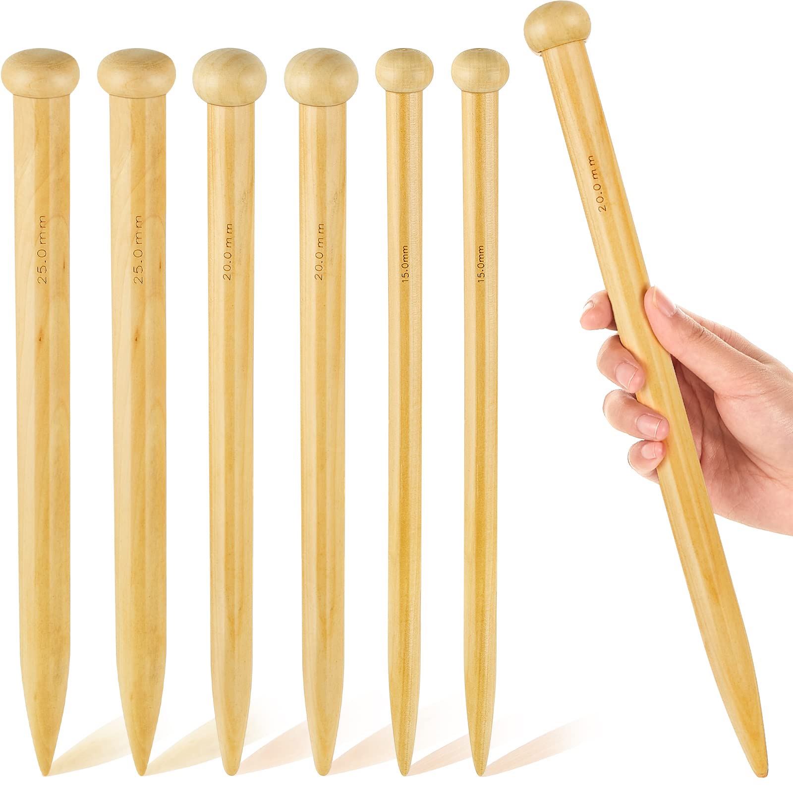 MTLEE 6 Pcs 14 Inch Large Wooden Knitting Needles Straight, 15mm 20mm 25mm