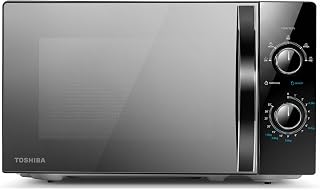 TOSHIBA Black Mirror Front Microwave 20 Liter 700W Manual Control, Compact with 5 Power Levels, Automatic Defrost, Perfect for 9'' Pizza, Clock and Timer, Easy Clean, MW2-MM20PF(MB)