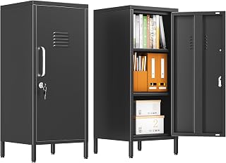 pozdeg 35.43" Black Lockable Small Metal Storage Locker | 1 Door & 2 Adjustable Shelves, Steel Cabinet for Employees, Home, School, Office & Gym ﻿