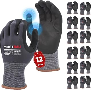 12 Pairs Touch Screen Work Gloves, Abrasion Resistant Nitrile Gloves, Excellent Grip Suitable for Gardening, Mechanics, Construction (Grey, L)
