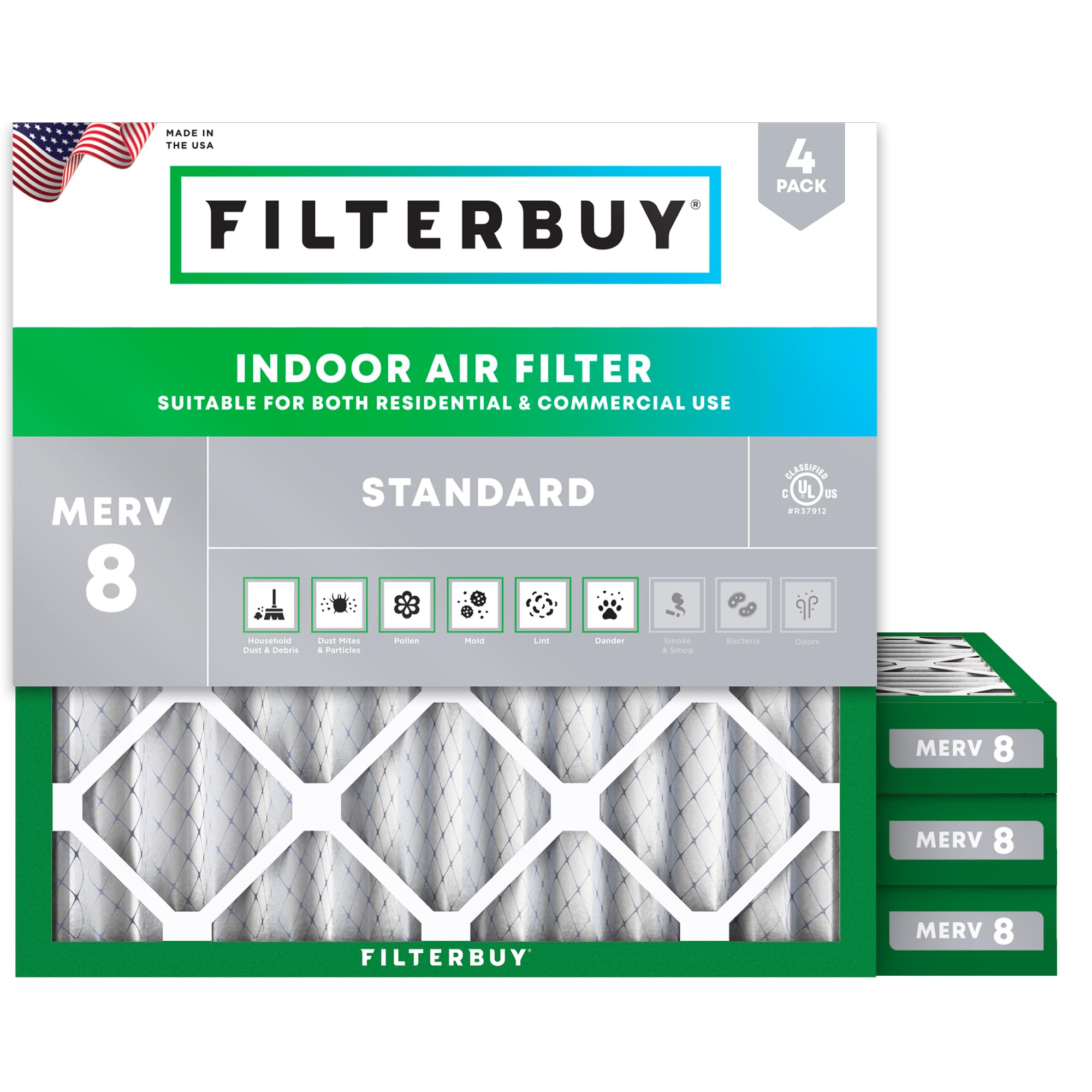 Filterbuy 18x18x2 Air Filter MERV 8 Essential Dust & Allergy Defense (4-Pack), E