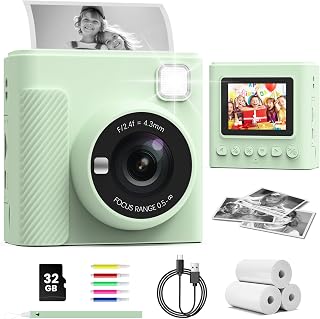 TIATUA Kids Instant Print Camera, 1080P HD Video Digital Toy, Green | Includes 32GB Card, 3 Rolls Paper & 5 Coloured Pens, Inkless Print, Christmas Birthday Toy Gift for Girls and Boys 3-14