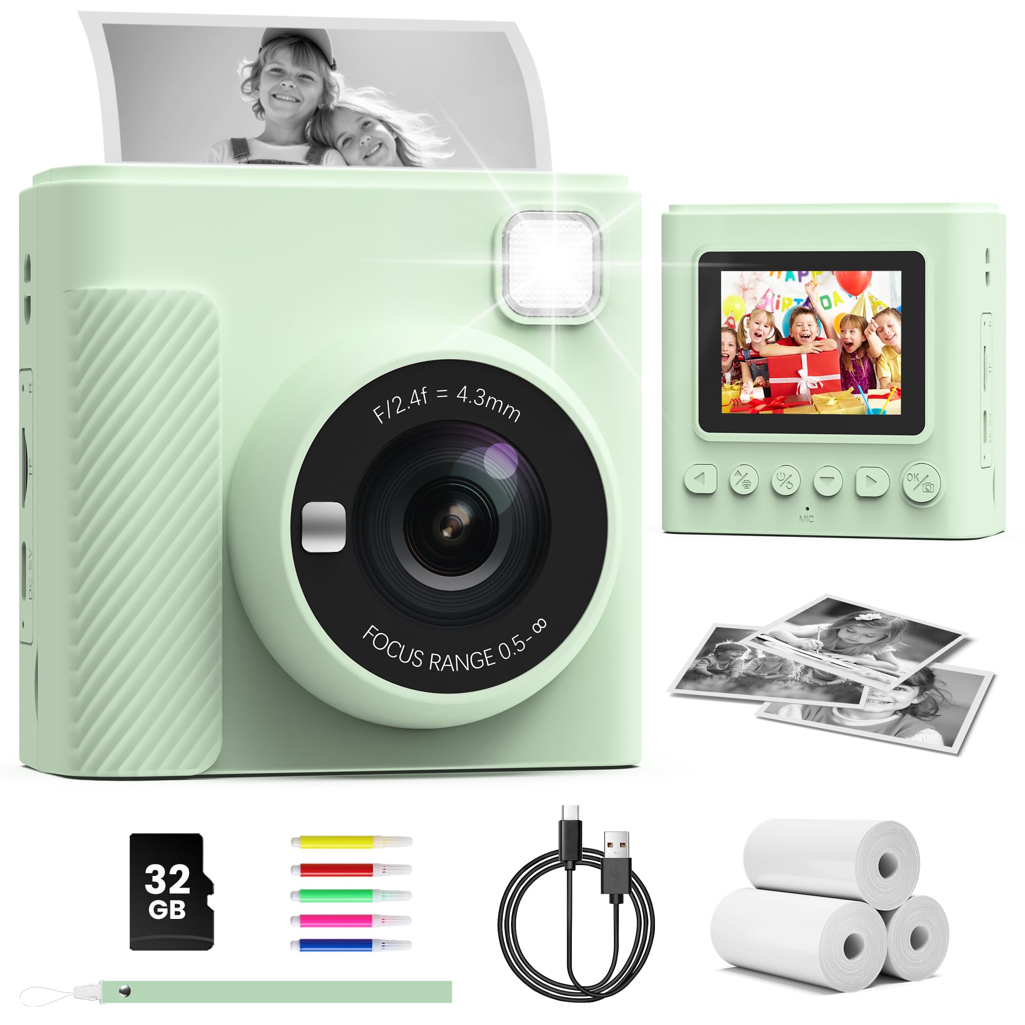 TIATUA Kids Instant Print Camera, 1080P HD Video Digital Toy, Green | Includes 3