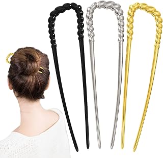 3pcs Metal French Hairpins, U-shaped Long Chinon 2 Prong Stick for French Twist Hairpins, Hair Sticks, Hair Forks