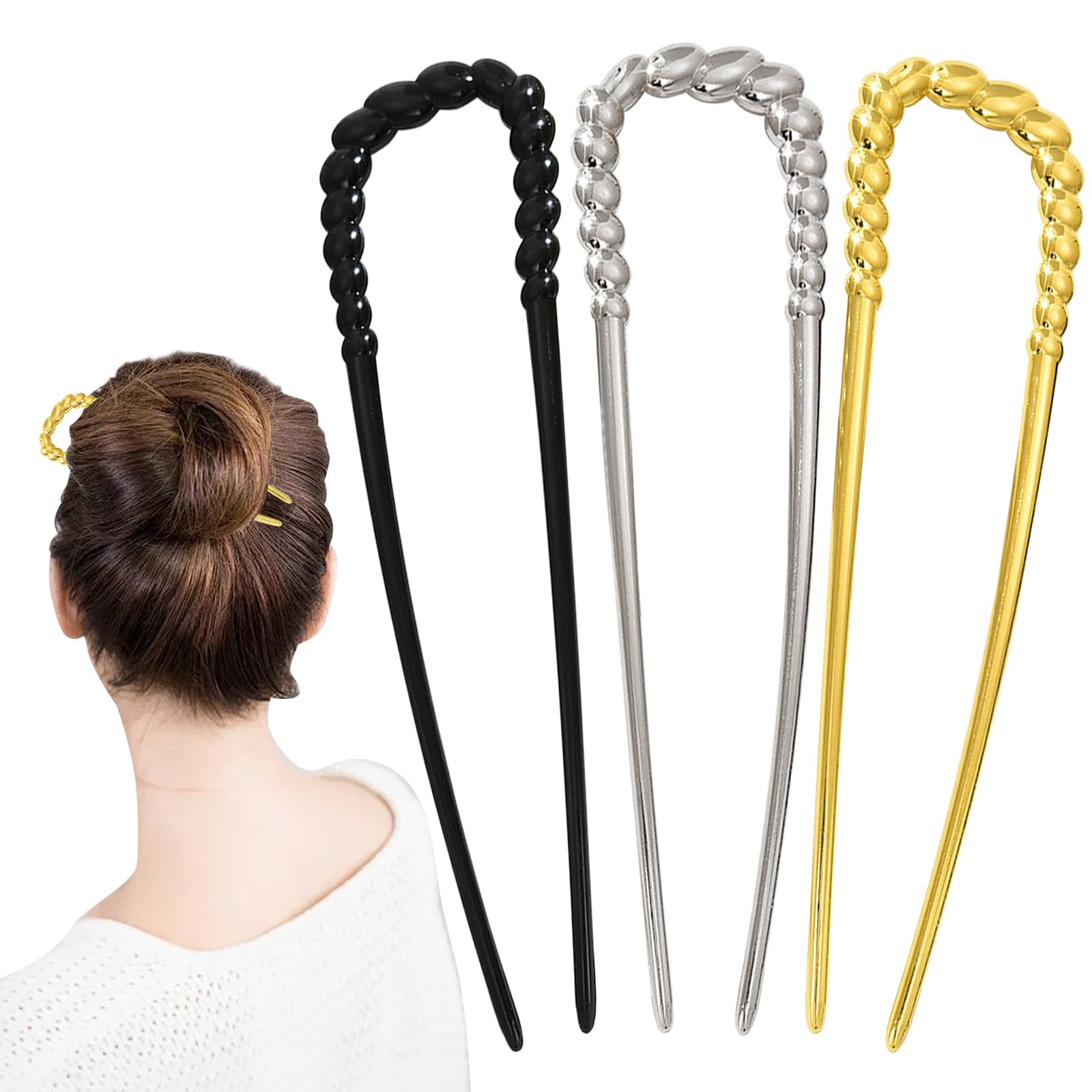3pcs Metal French Hairpins, U-shaped Long Chinon 2 Prong Stick for French Twist 