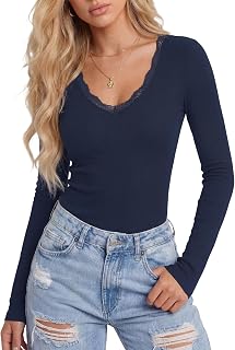 LYANER Women's Lace V Neck Long Sleeve Shirts