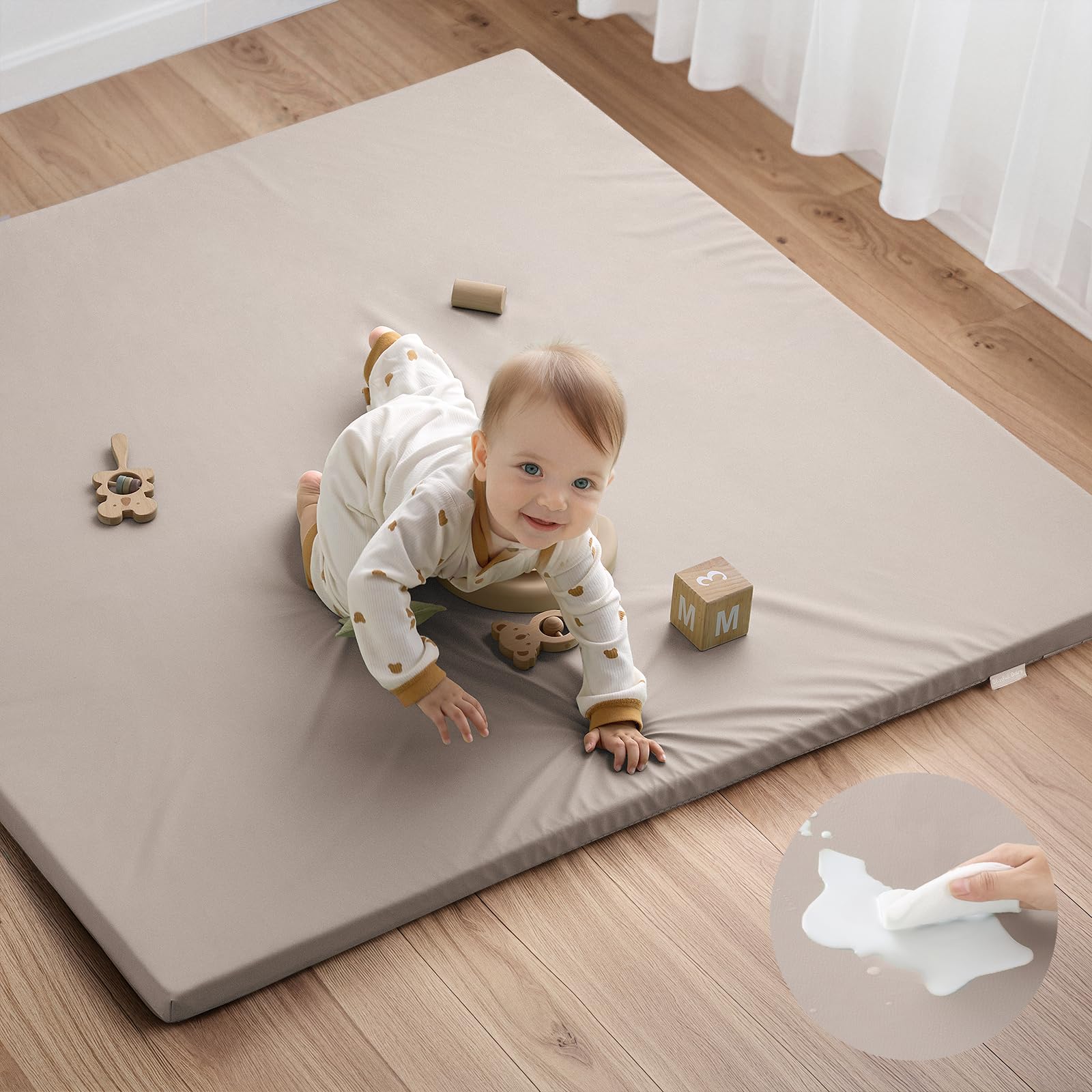 Blissful Diary Vegan Leather Baby Play Mat, 50''x50'', Taupe | thick cushion, sa