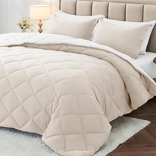 MUXHOMO King Comforter Set 7 Pieces, Reversible Bed in a Bag, Beige/White