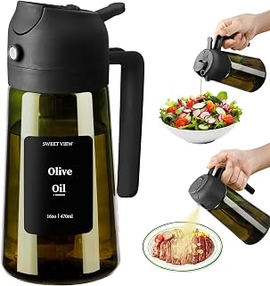 SWEET VIEW Oil Spray Sprayer and Oil Dispenser | 470ml Light Proof Glass Oil Pourer for Kitchen Air Fryer Kitchen Salad BBQ